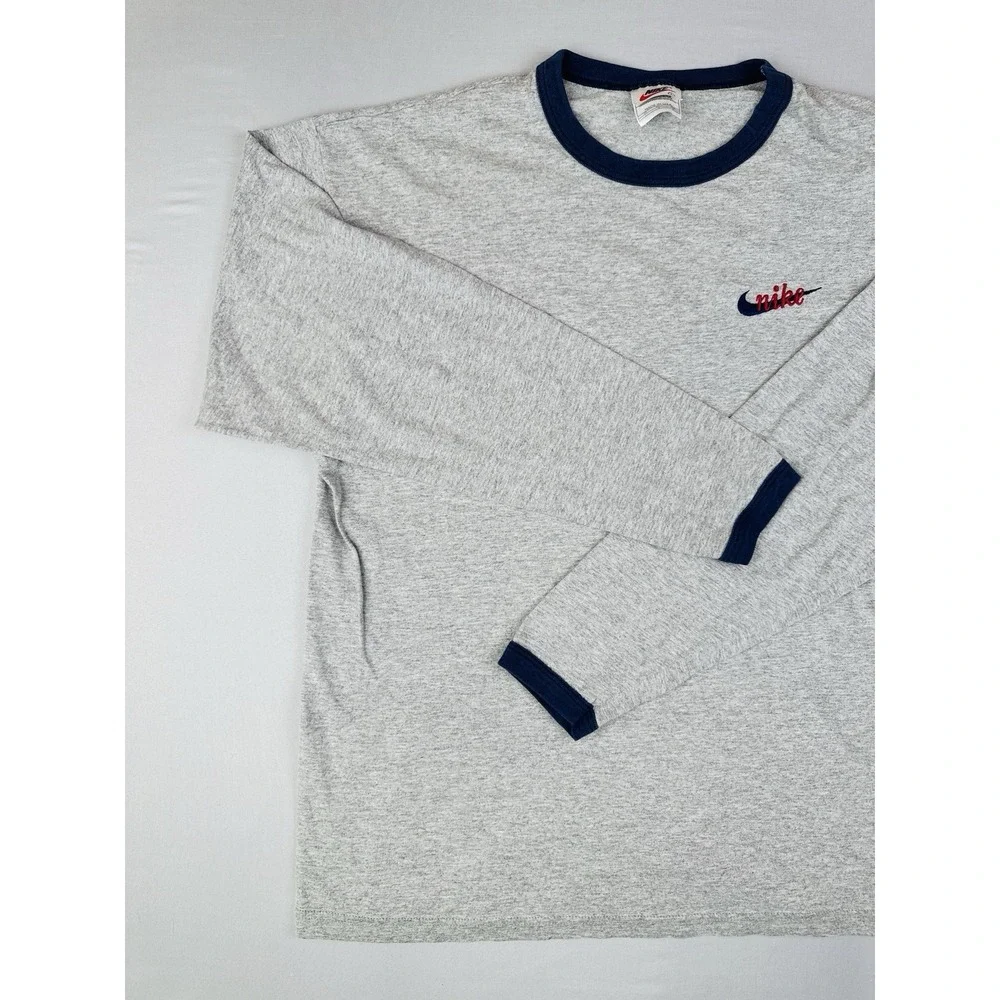 Vintage 90s Nike Embroidered Script Logo Long Sleeve Ringer T Shirt USA Made L